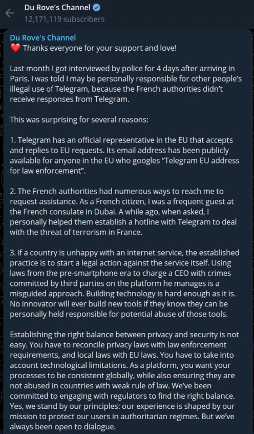 Bài đăng trên kênh Telegram cá nhân của Pavel Durov. Ảnh: @durov