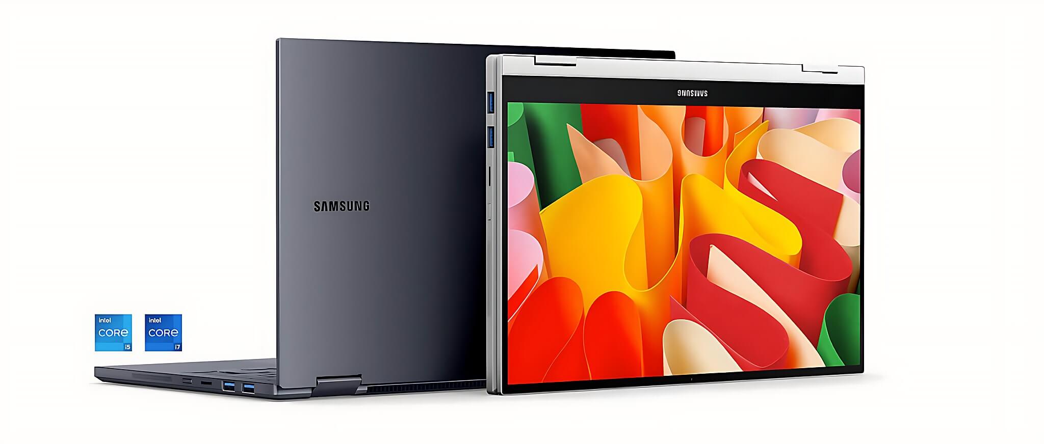 Laptop 2-in-1 mỏng nhẹ trưng bày tại cửa hàng laptop ở trung tâm TP.HCM Laptop 2-in-1 màn cảm ứng xoay gập đặt trưng bày trên kệ cửa hàng