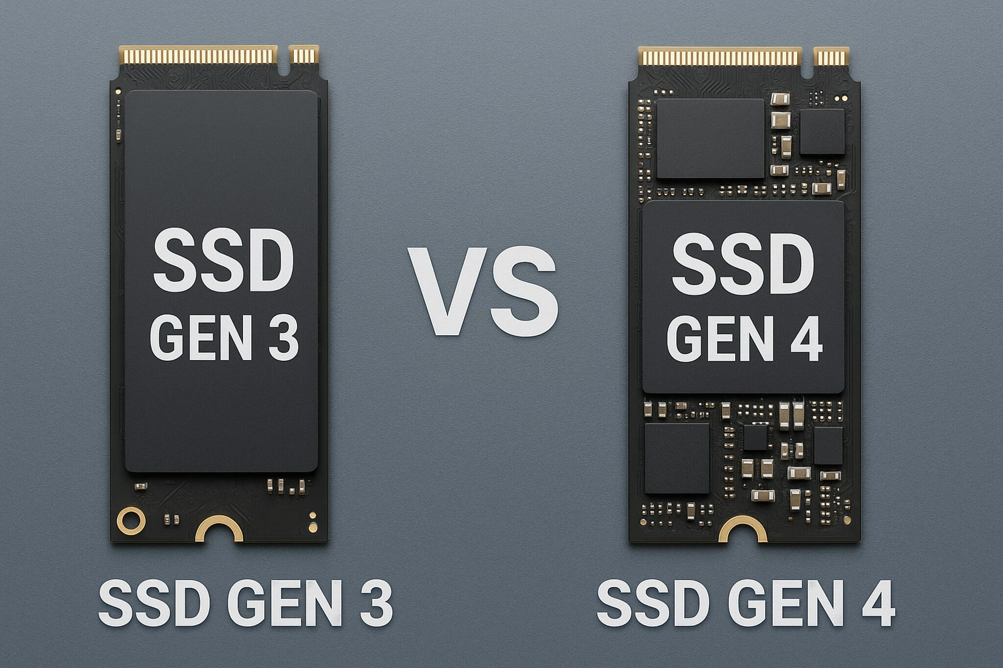 Ba ổ SSD NVMe đại diện cho Gen 3, Gen 4 và Gen 5 đặt cạnh nhau so sánh