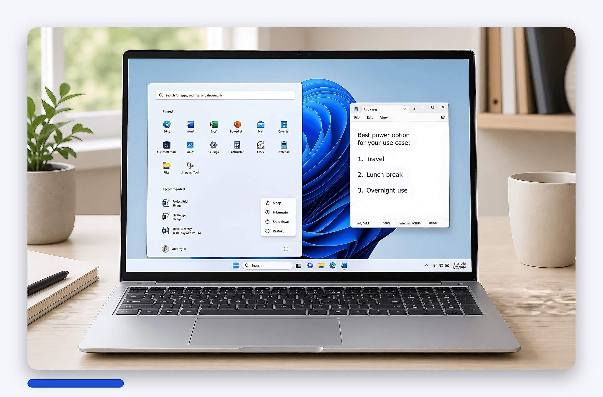 Menu nguồn Windows 11 với các tùy chọn Sleep, Hibernate và Shut down Menu nguồn Windows 11 với các tùy chọn Sleep, Hibernate và Shut down