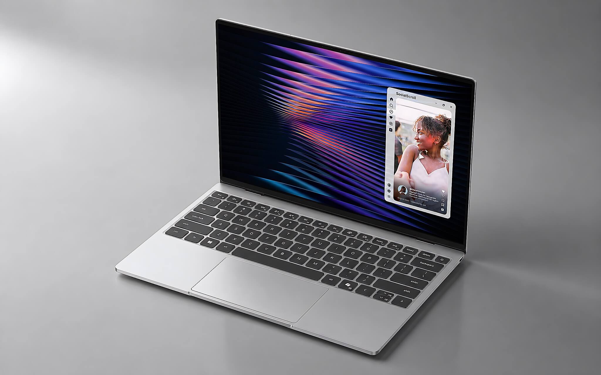DELL XPS 13 DX13260 (2026) - góc nghiêng tổng thể máy mở trên nền studio