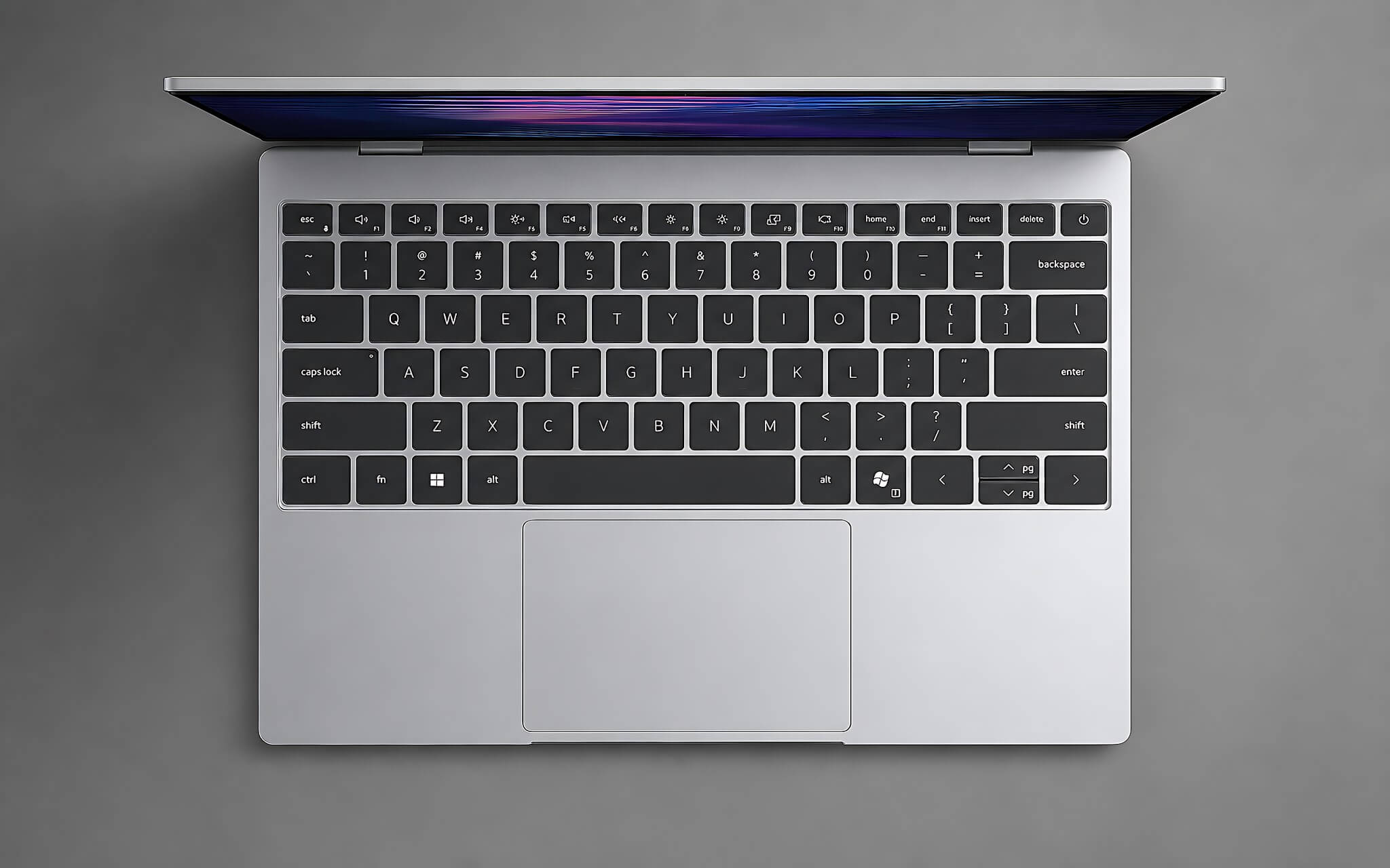 DELL XPS 13 DX13260 (2026) - bàn phím nhìn từ trên xuống với touchpad rộng