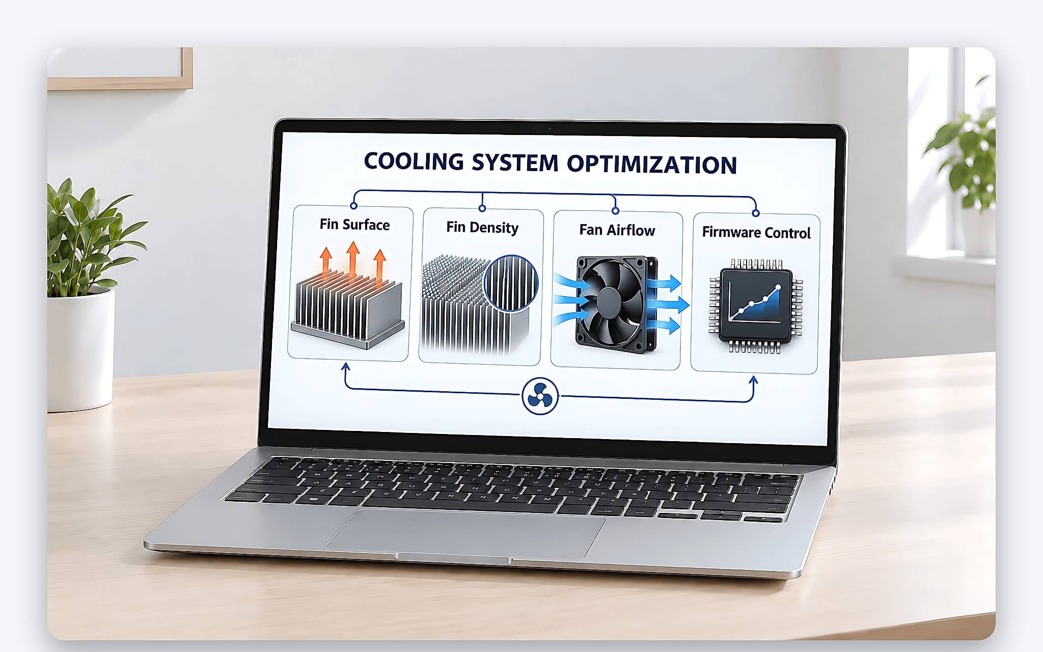 Cụm lá tản nhiệt, ống đồng và quạt tạo luồng khí trong hệ thống tản nhiệt Cụm lá tản nhiệt, ống đồng và quạt tạo luồng khí trong hệ thống tản nhiệt
