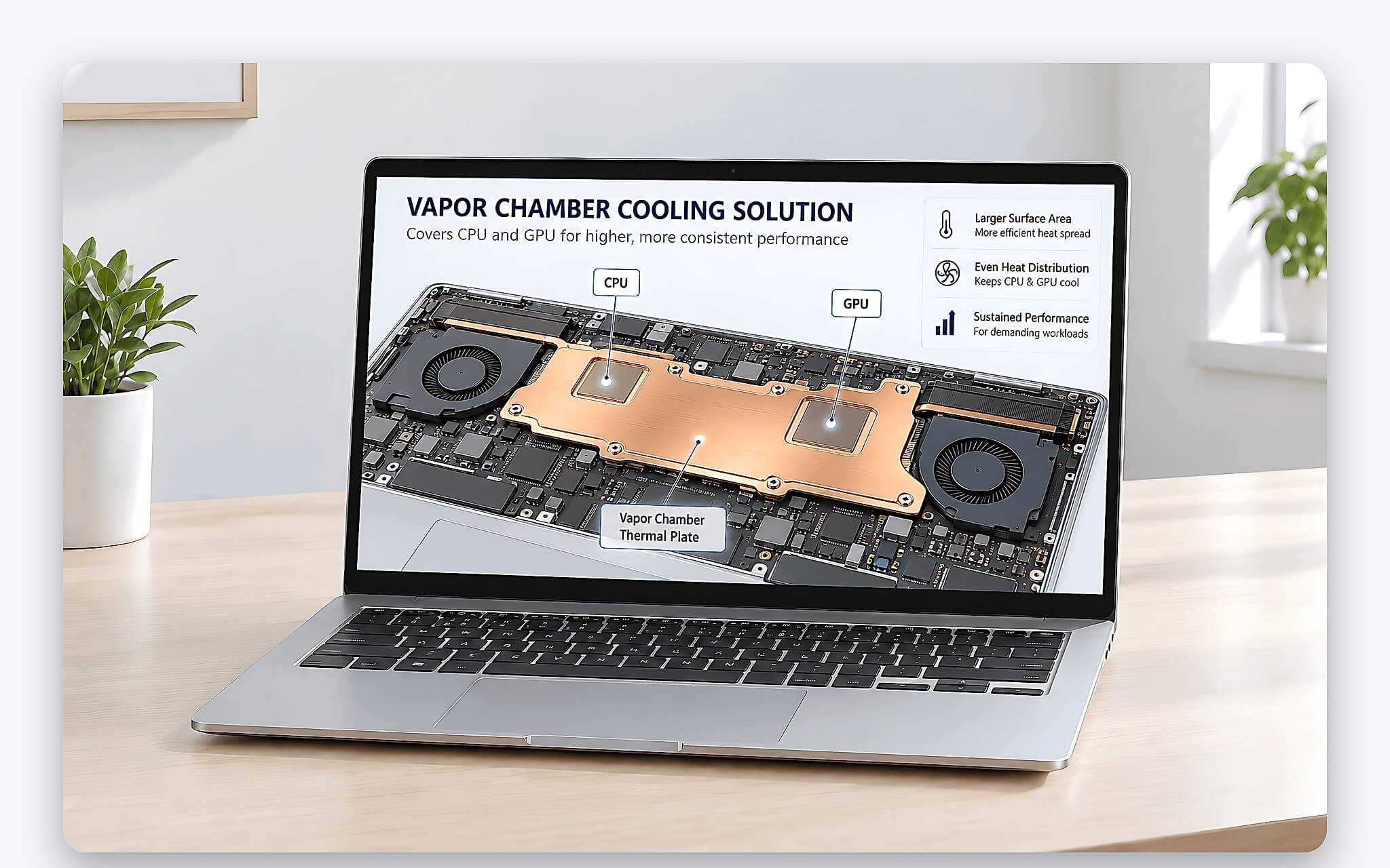 Luồng nhiệt phân tán trên bo mạch nhờ tấm buồng hơi diện rộng Luồng nhiệt phân tán trên bo mạch nhờ tấm buồng hơi diện rộng