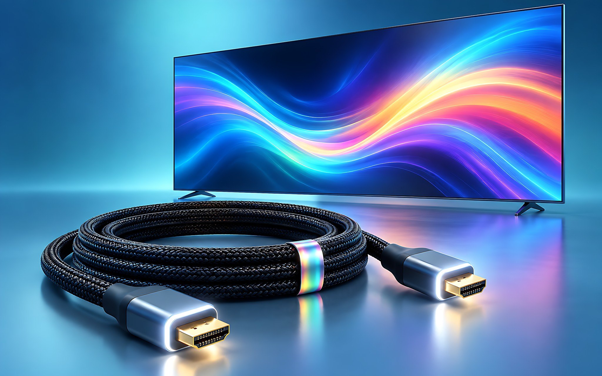 Cáp HDMI bện dù có tem chứng nhận đặt trước TV màn hình lớn