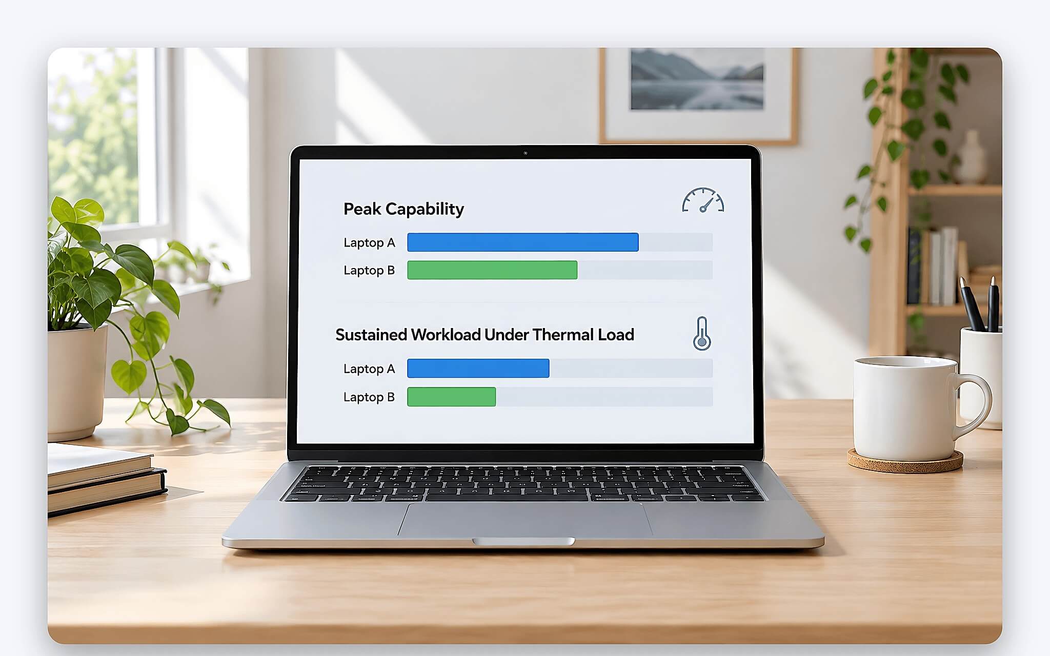 Công cụ đo hiệu năng laptop tổng quan Công cụ đo hiệu năng phản ánh sức mạnh laptop qua đồng hồ đo và cột hiệu năng