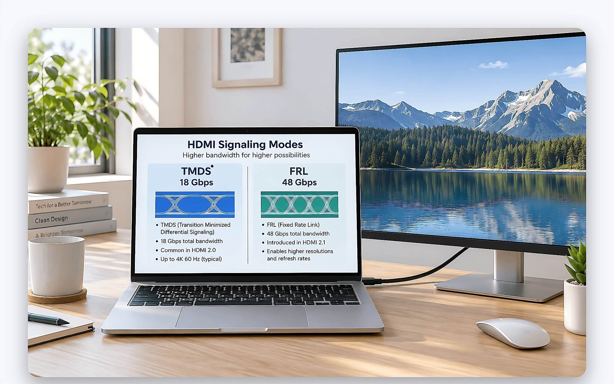Laptop mỏng cắm cáp HDMI với bốn luồng sáng tượng trưng bốn làn FRL của HDMI 2.1