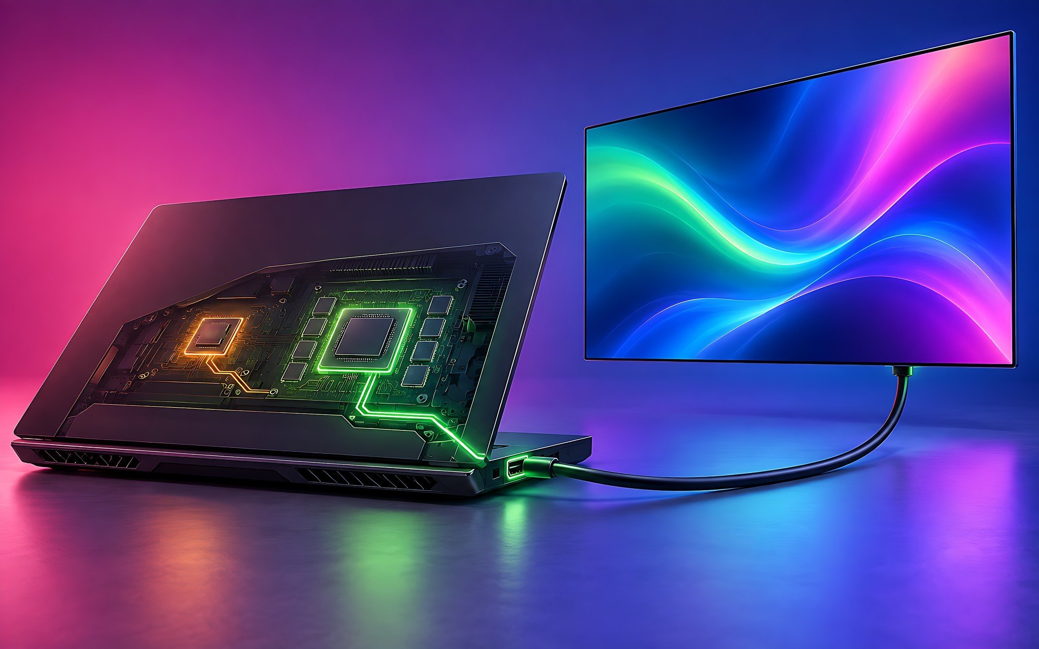 Minh hoạ laptop gaming với đường tín hiệu từ GPU rời tới cổng HDMI và màn hình ngoài