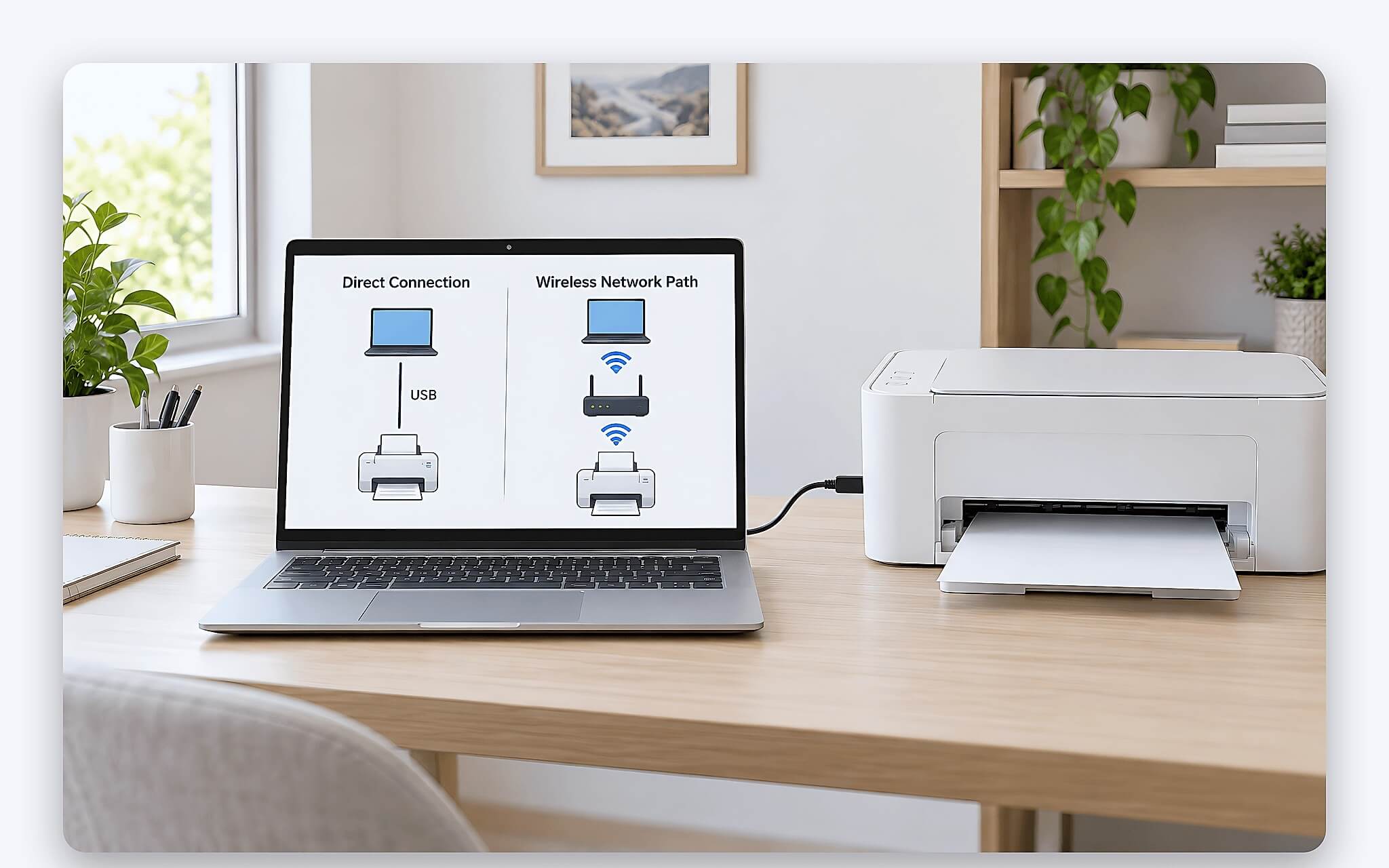 Bản chất truyền dẫn của kết nối máy in qua cáp USB và Wi-Fi