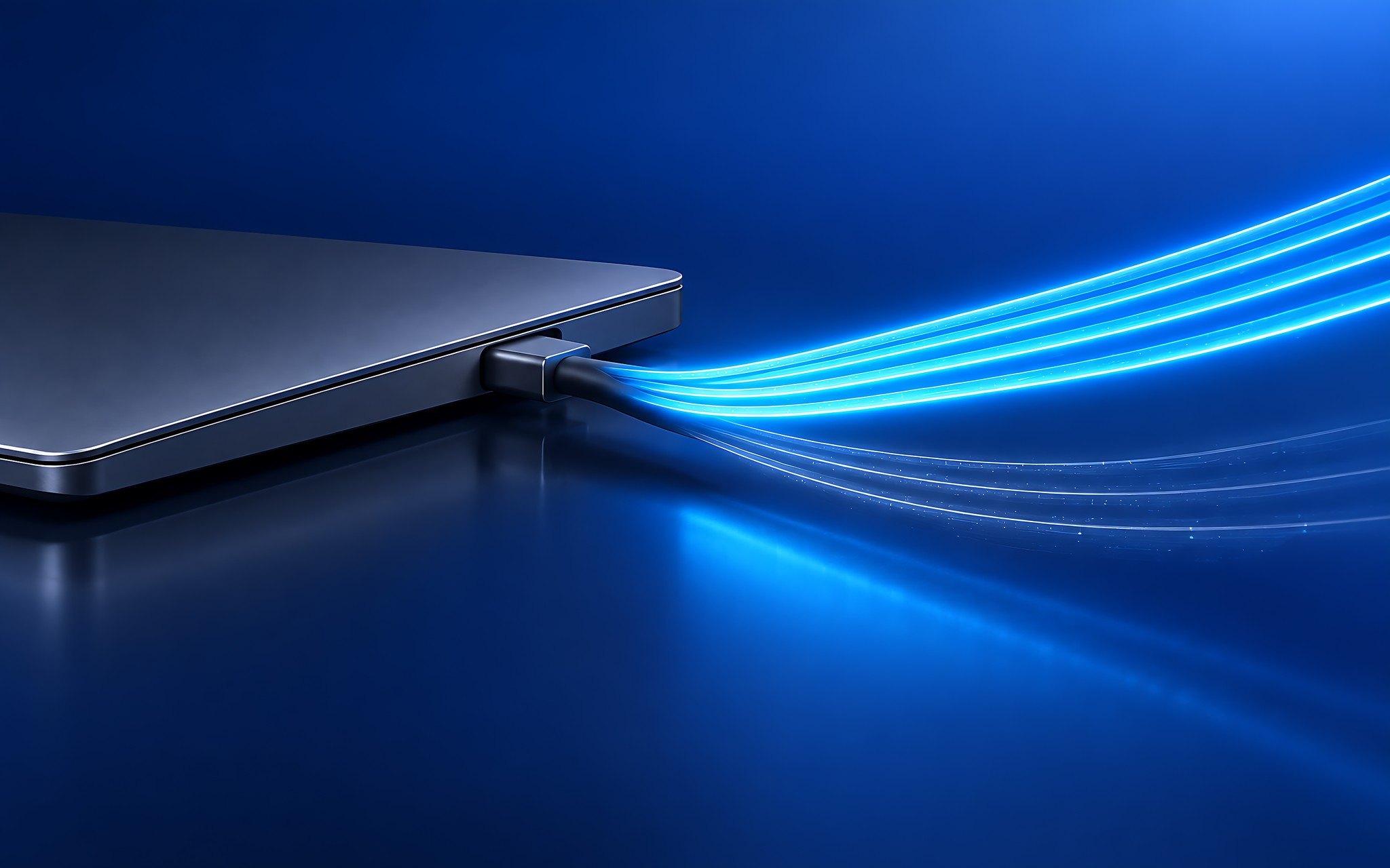Laptop mỏng cắm cáp HDMI với bốn luồng sáng tượng trưng bốn làn FRL của HDMI 2.1