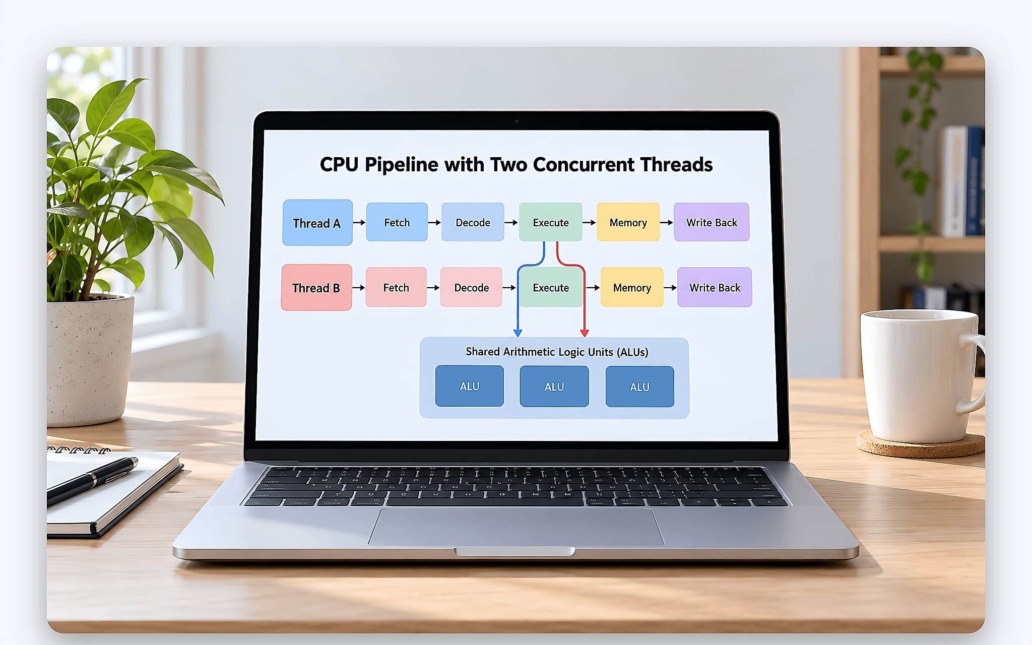 Sơ đồ Hyper-Threading với một nhân vật lý chia tài nguyên thực thi cho hai luồng Sơ đồ Hyper-Threading với một nhân vật lý chia tài nguyên thực thi cho hai luồng