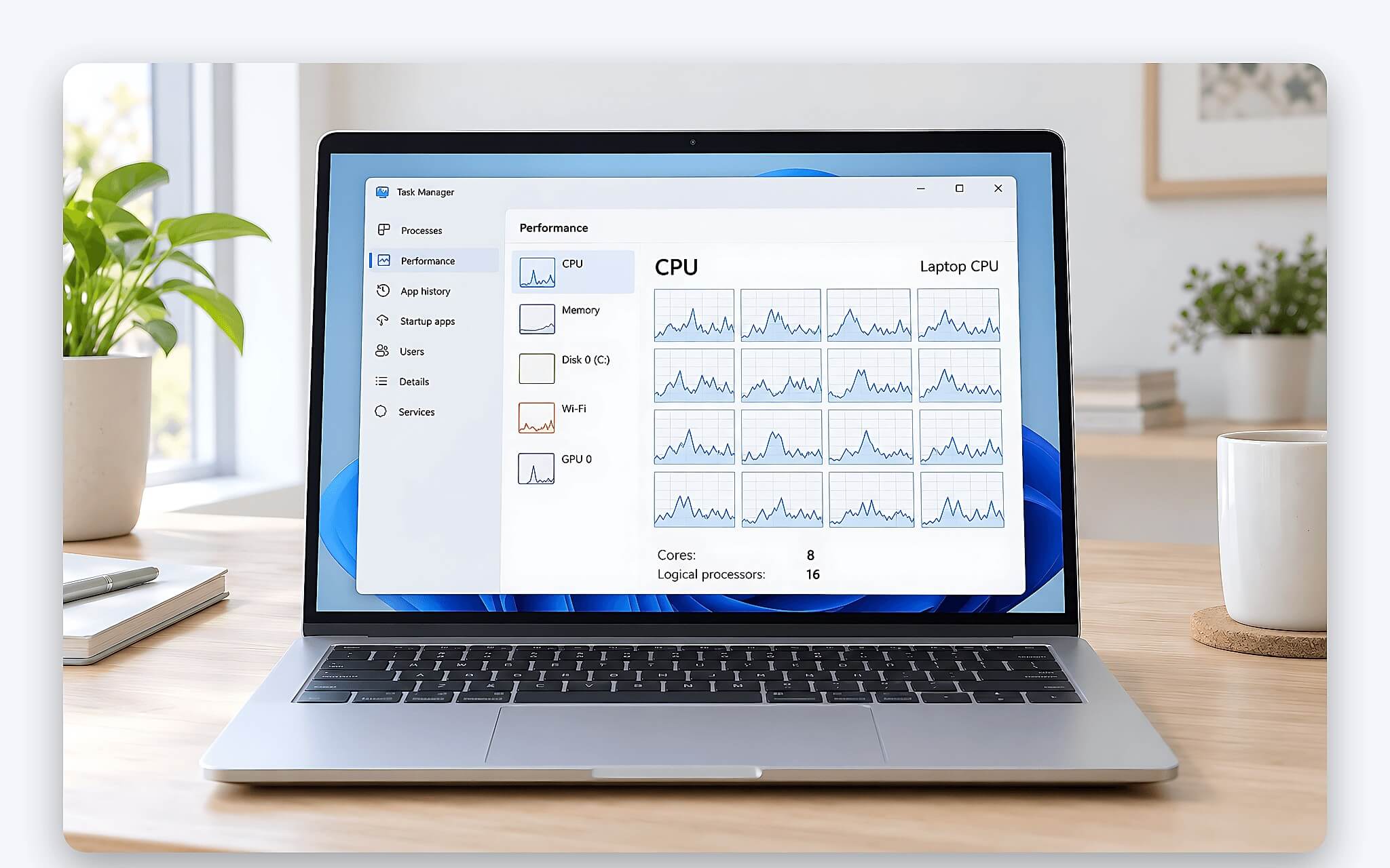 Kiểm tra Hyper-Threading qua dòng Logical processors trong Task Manager của Windows Kiểm tra Hyper-Threading qua dòng Logical processors trong Task Manager của Windows