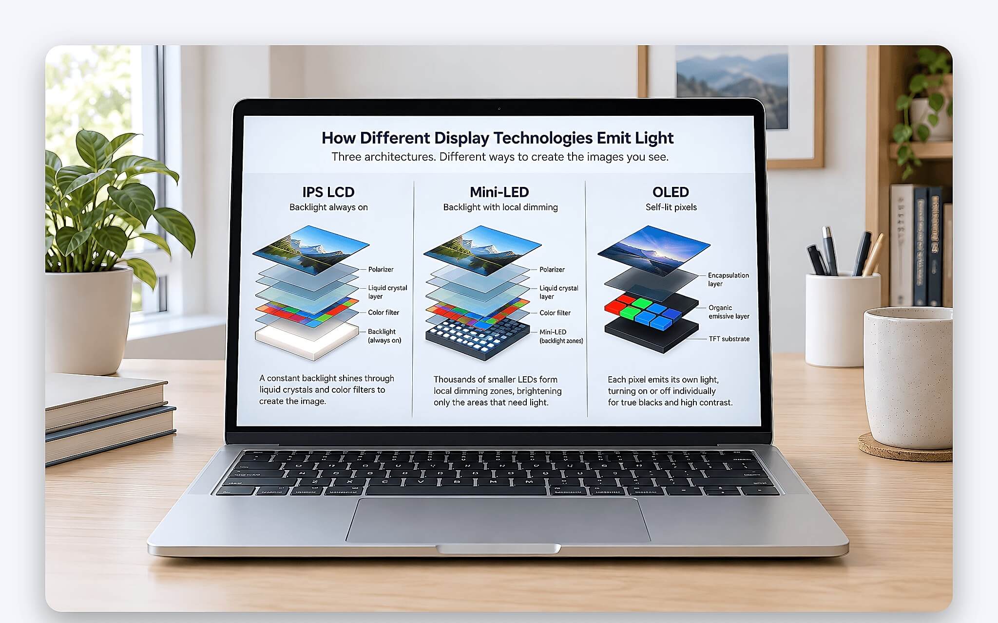 Ba loại tấm nền OLED Mini-LED và IPS trên laptop hiển thị khác nhau