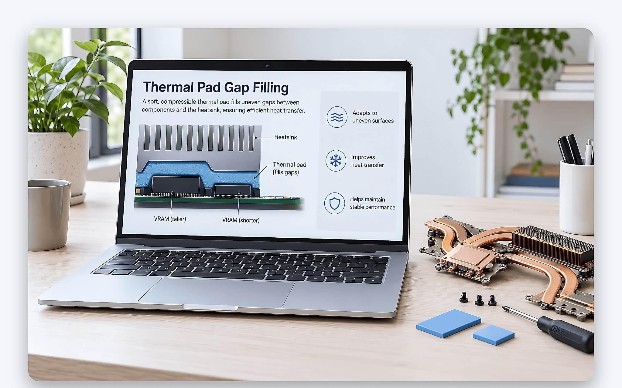 Thermal pad lấp khe hở giữa VRAM, VRM và tấm tản nhiệt Thermal pad lấp khe hở giữa VRAM, VRM và tấm tản nhiệt