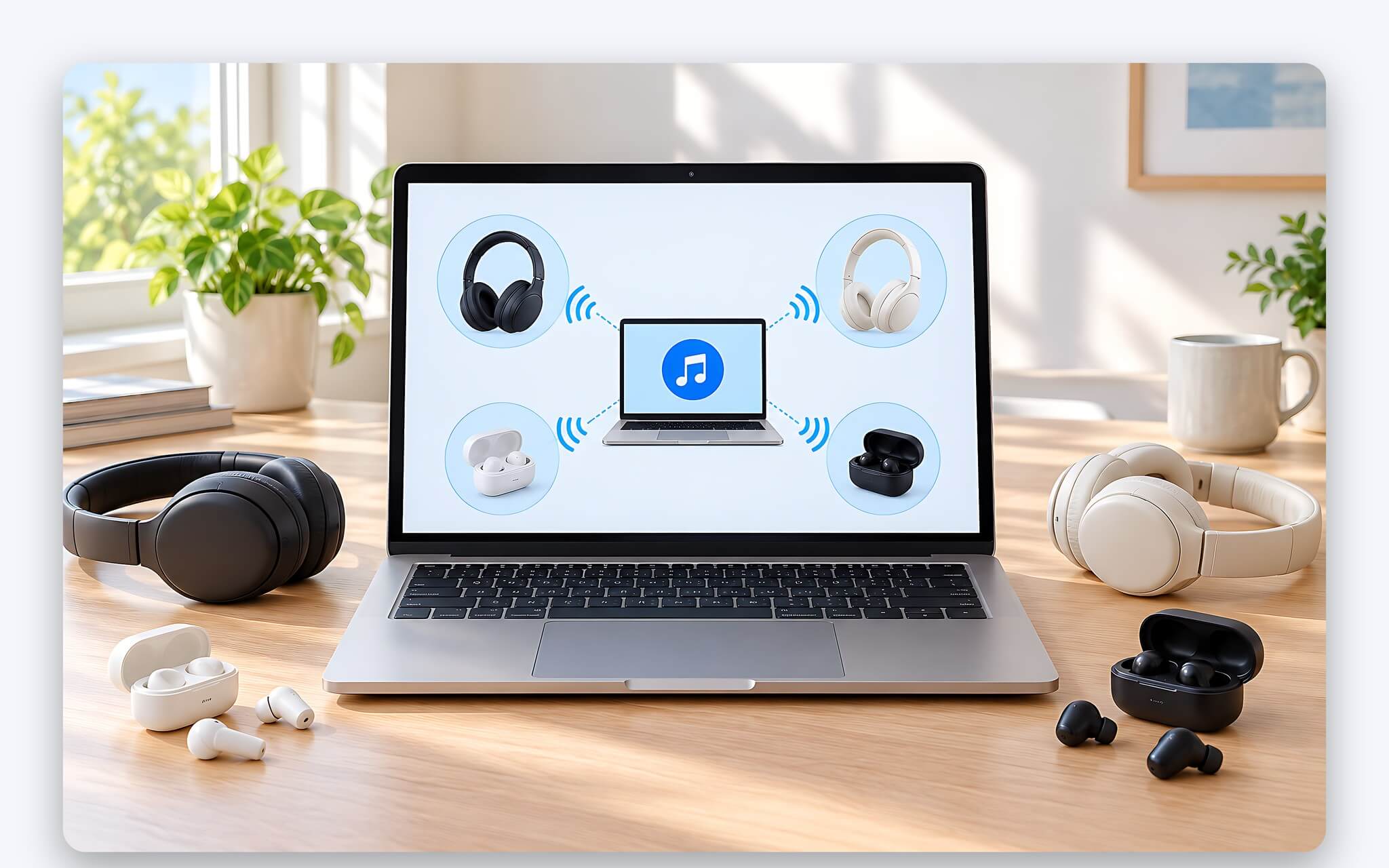 Auracast trên laptop phát một luồng âm thanh tới nhiều tai nghe cùng lúc