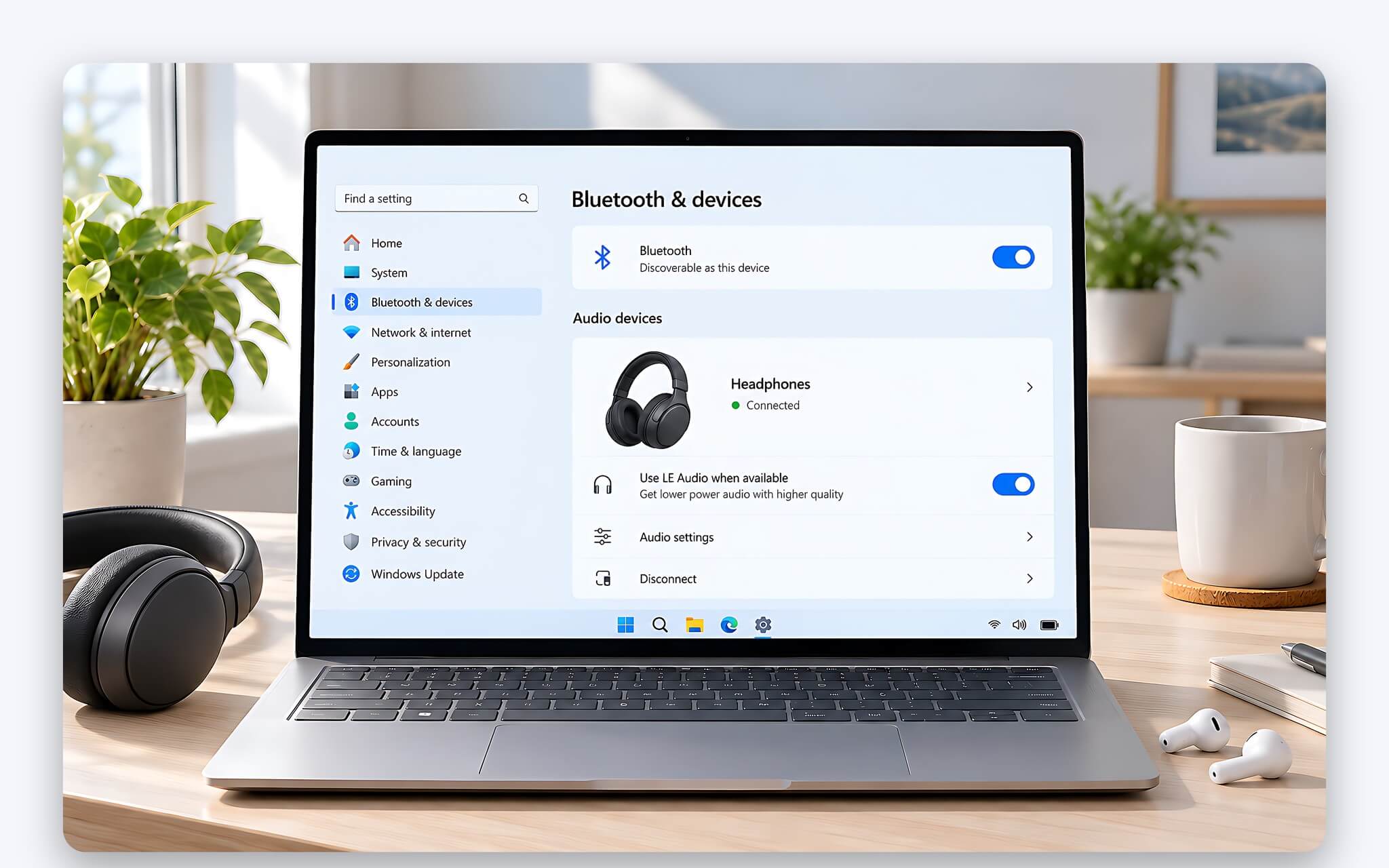 Các bước kiểm tra công tắc LE Audio và số build Windows trên laptop