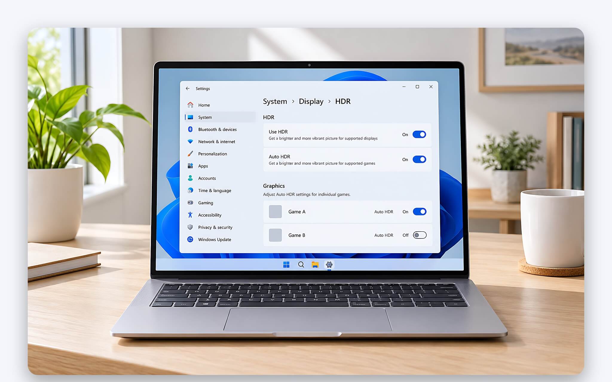 Các bước bật HDR và công tắc tự động trong Settings của Windows 11