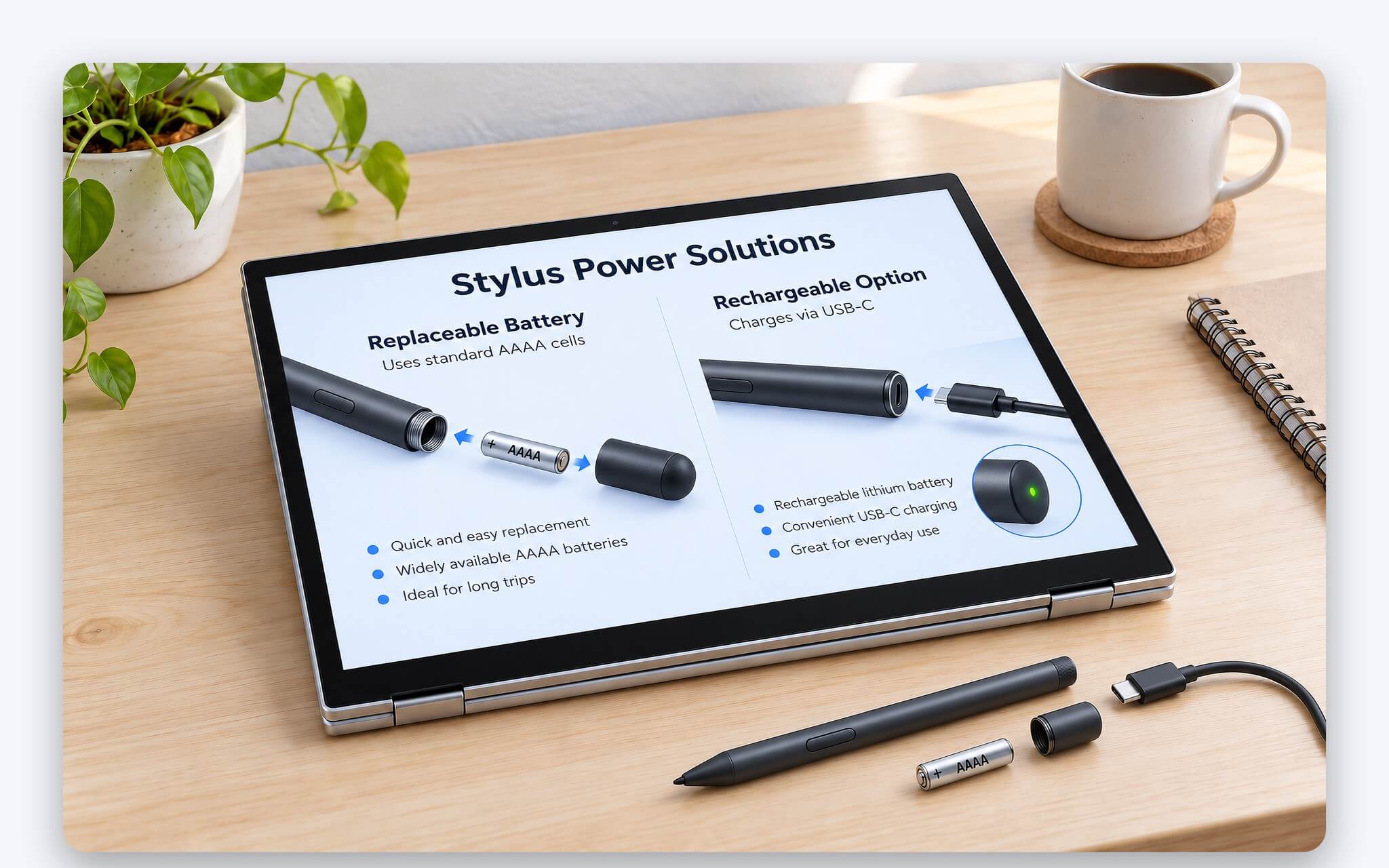Các kiểu nguồn điện của bút cảm ứng gồm pin AAAA, sạc USB-C và sạc khi gắn vào thiết bị