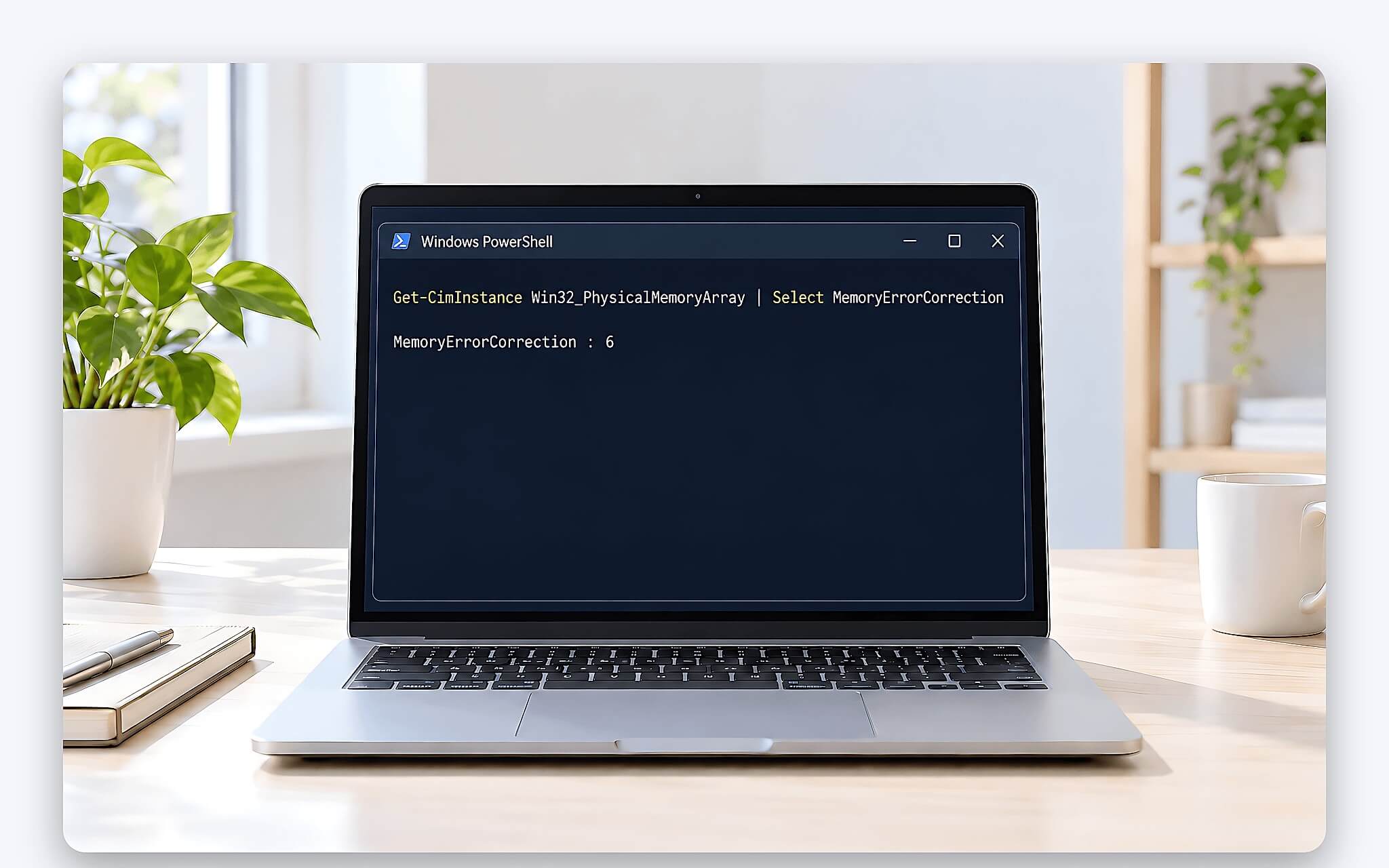 Lệnh PowerShell xác minh laptop đang chạy ECC RAM qua thuộc tính MemoryErrorCorrection
