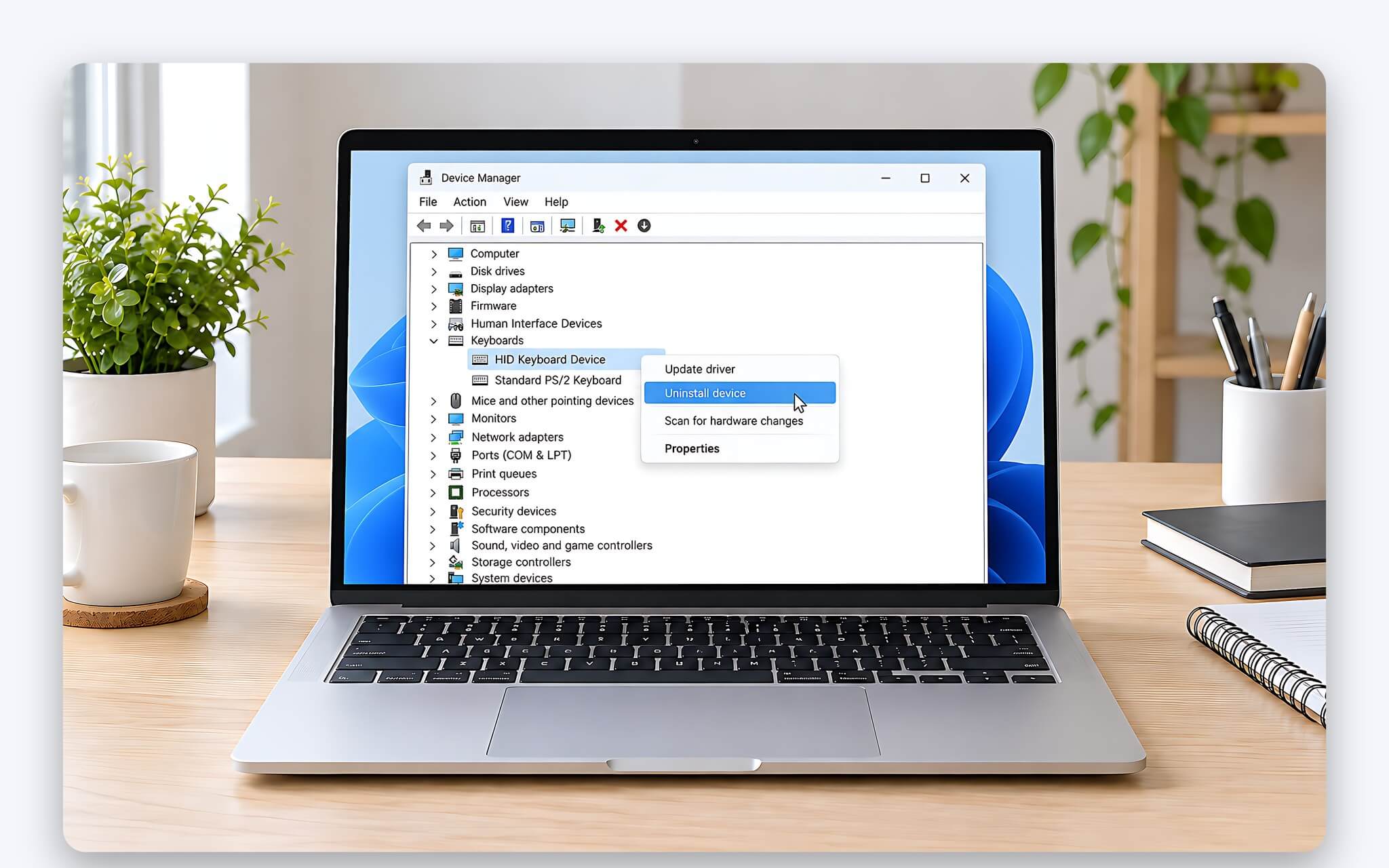 Cửa sổ Device Manager dùng để gỡ và cài lại driver khi phím không nhận