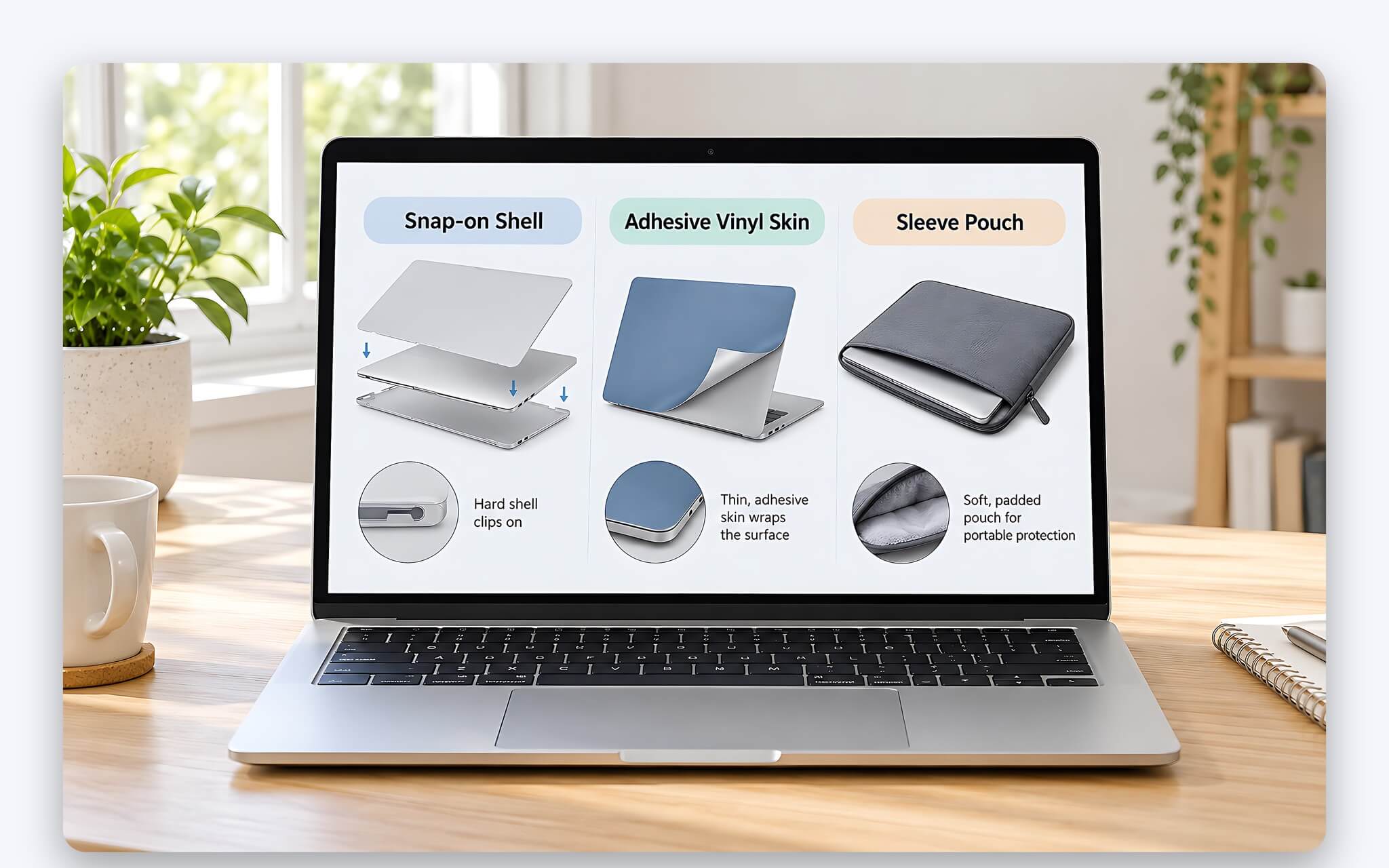 Ba kiểu ốp laptop gồm ốp cứng dạng bấm, skin dán và túi sleeve