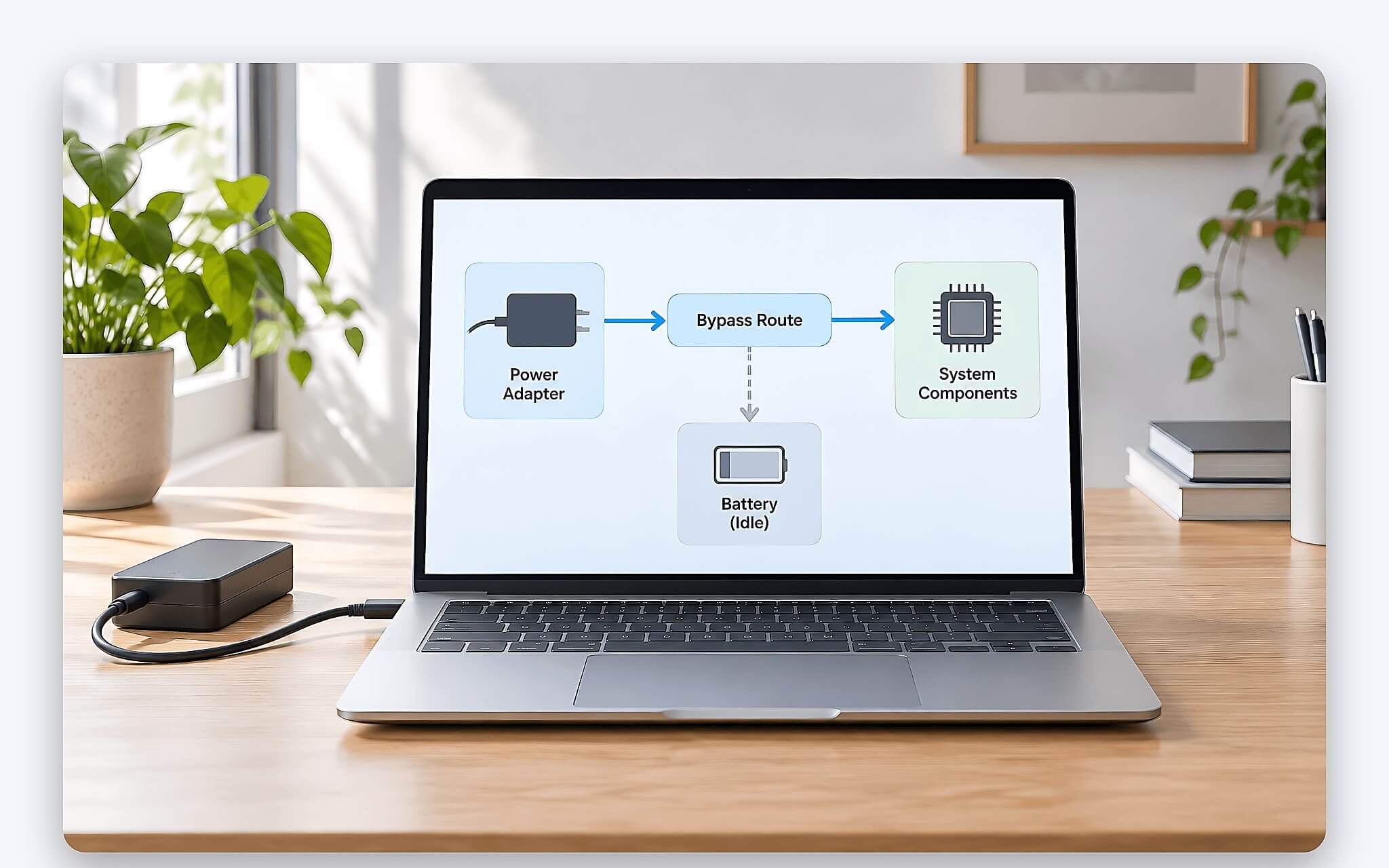Sơ đồ sạc pass-through trên laptop, adapter cấp điện thẳng cho bo mạch chủ còn pin đứng ngoài