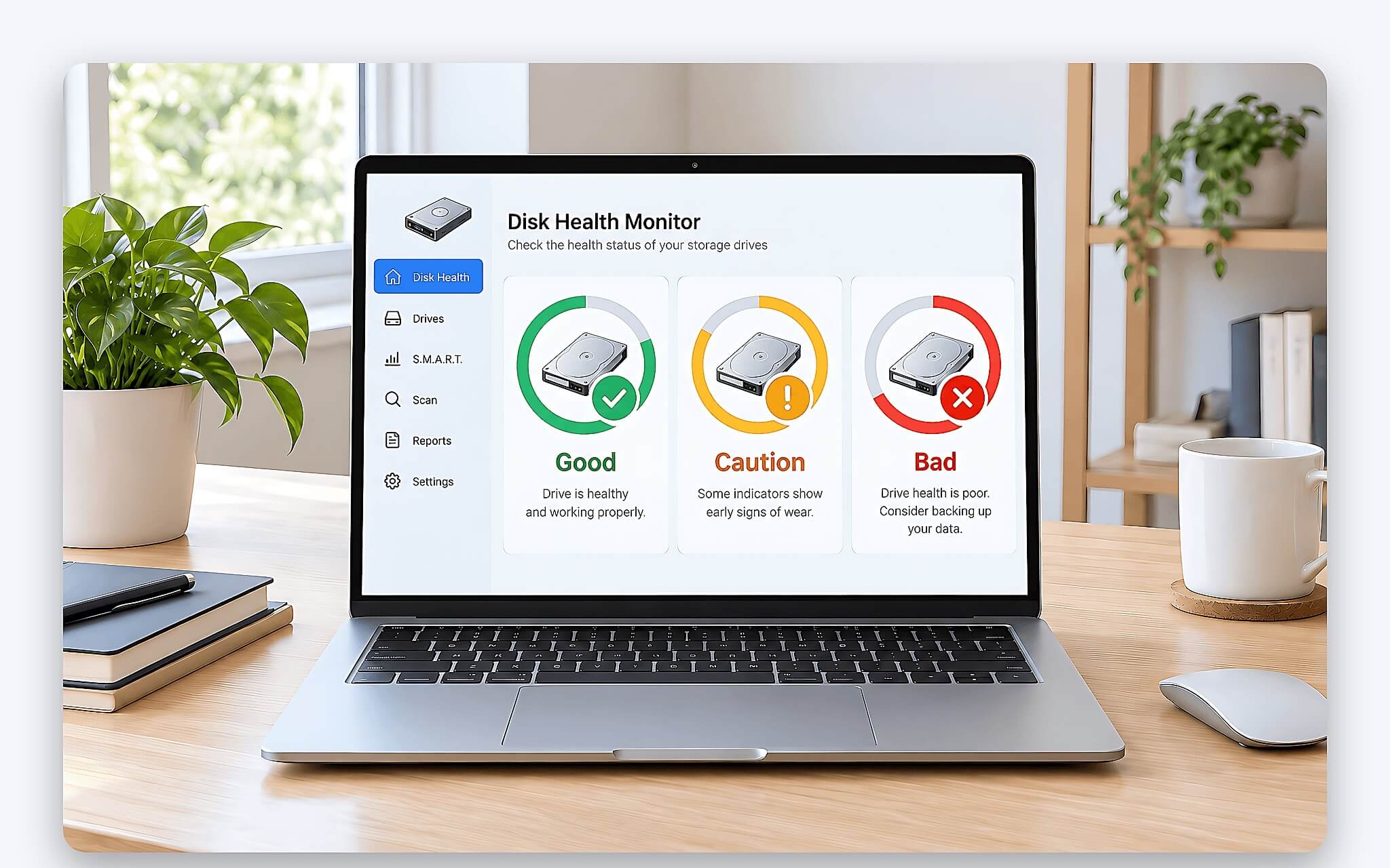 Ba mức trạng thái Good Caution Bad trên giao diện kiểm tra ổ SSD