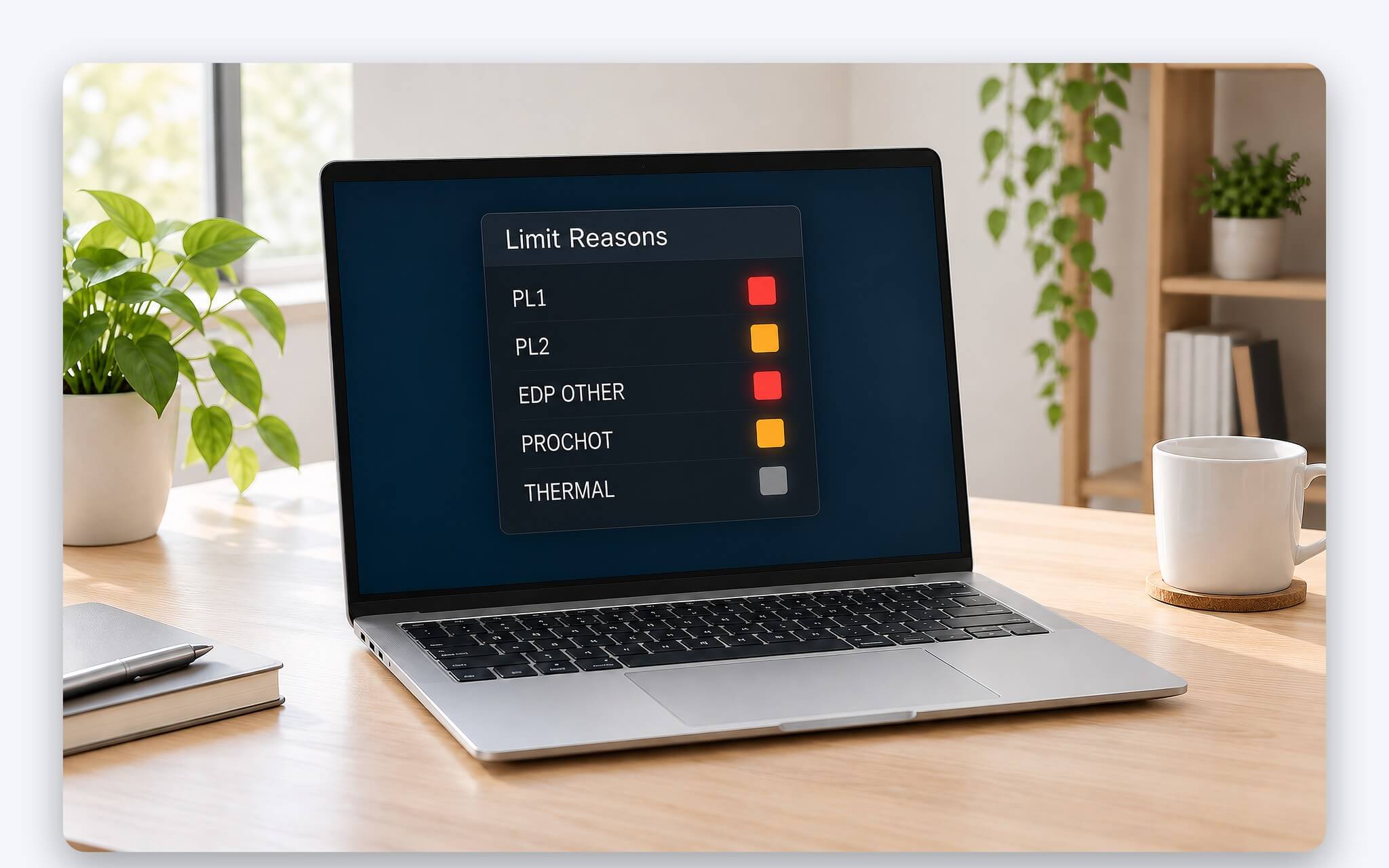 Bảng Limit Reasons của ThrottleStop với các ô cờ giới hạn màu đỏ và vàng